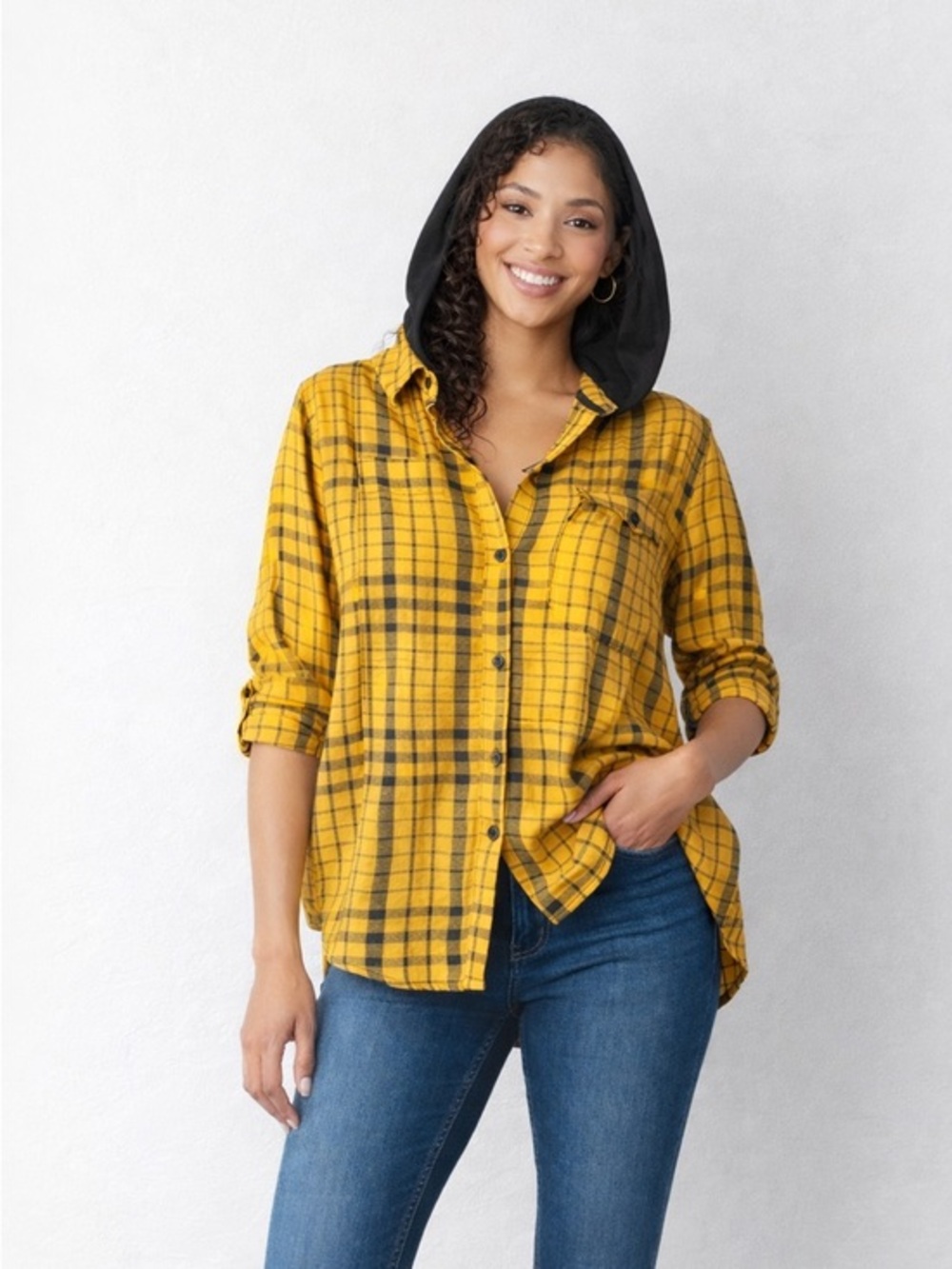 Women’s Yellow Black Plaid Hooded Button Down Shirt | Size Large | Like New